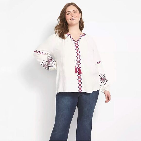 Lane Bryant Classic Split-Neck Embroidered Peasant Blouse - Picture 8 of 8